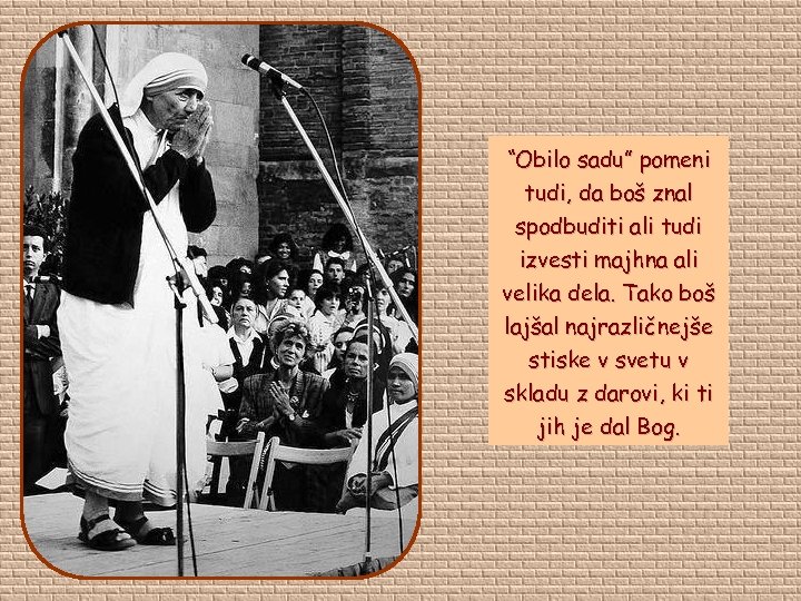 “Obilo sadu” pomeni tudi, da boš znal spodbuditi ali tudi izvesti majhna ali velika