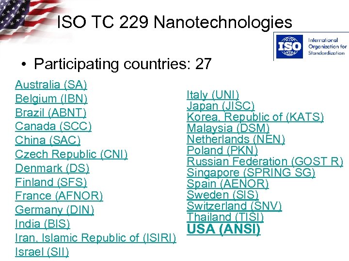 ISO TC 229 Nanotechnologies • Participating countries: 27 Australia (SA) Belgium (IBN) Brazil (ABNT)
