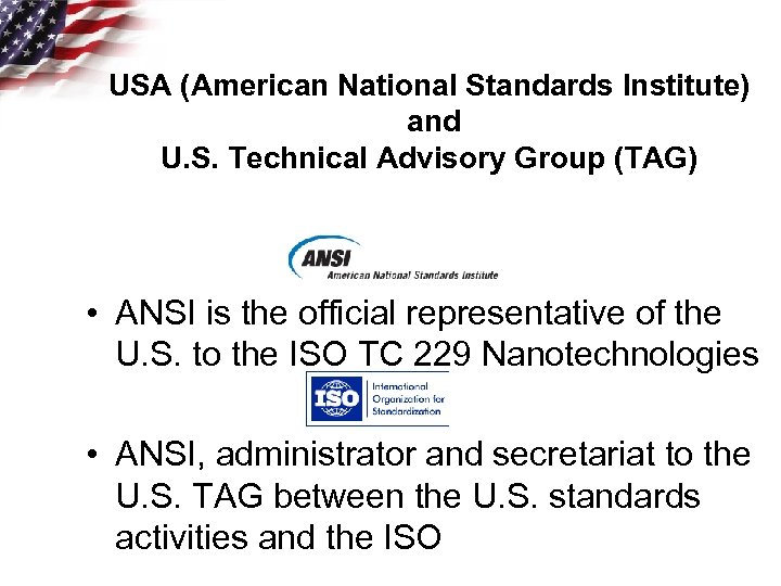 USA (American National Standards Institute) and U. S. Technical Advisory Group (TAG) • ANSI