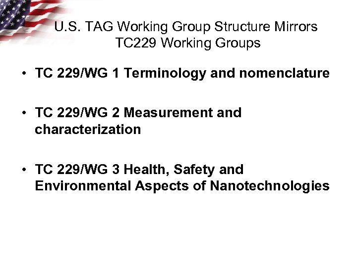 U. S. TAG Working Group Structure Mirrors TC 229 Working Groups • TC 229/WG