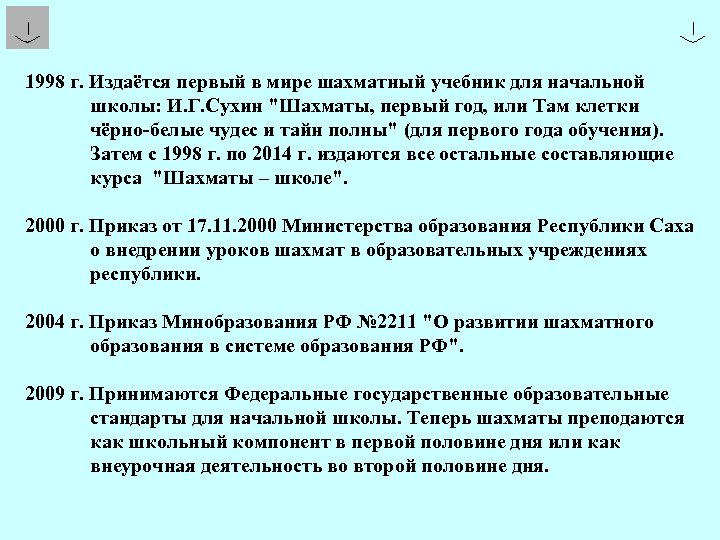 1998 г. Издаётся первый в мире шахматный учебник для начальной школы: И. Г. Сухин
