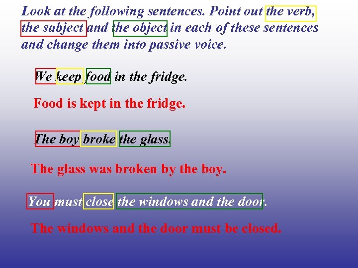 Look at the following sentences. Point out the verb, the subject and the object