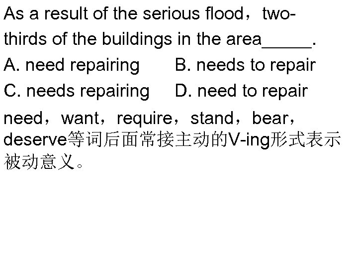 As a result of the serious flood，twothirds of the buildings in the area_____. A.