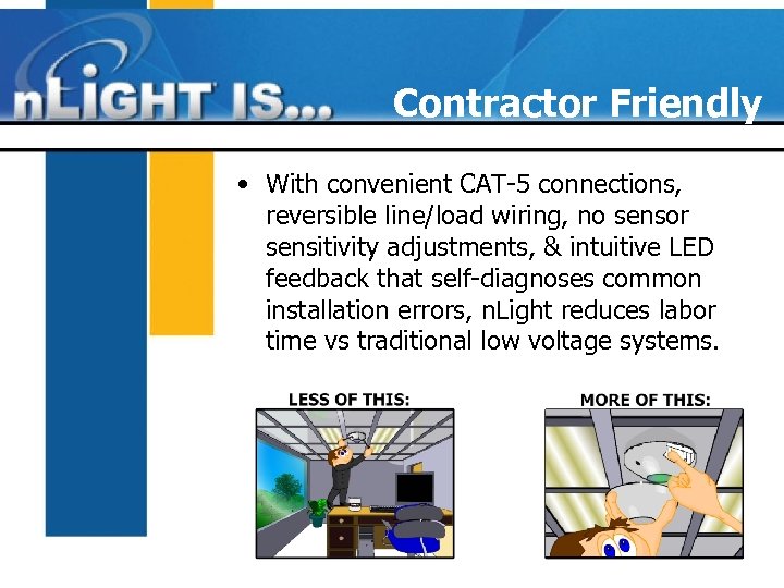 Contractor Friendly • With convenient CAT-5 connections, reversible line/load wiring, no sensor sensitivity adjustments,