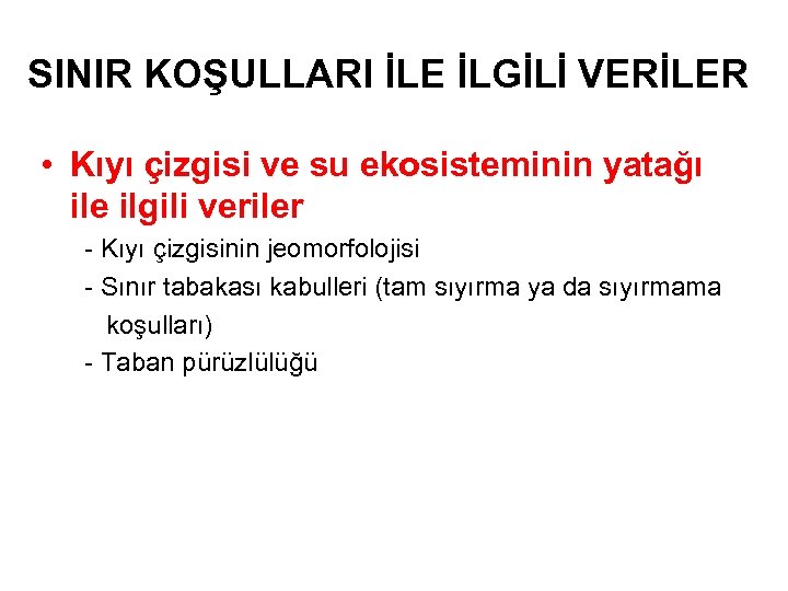 SINIR KOŞULLARI İLE İLGİLİ VERİLER • Kıyı çizgisi ve su ekosisteminin yatağı ile ilgili