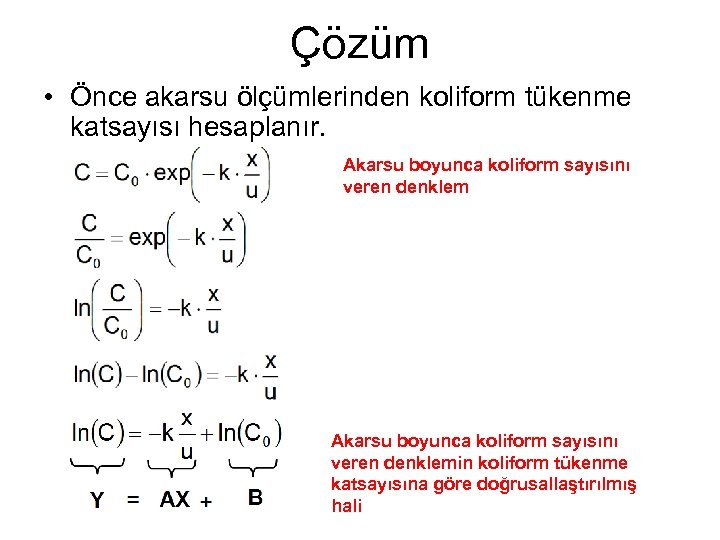 Çözüm • Önce akarsu ölçümlerinden koliform tükenme katsayısı hesaplanır. Akarsu boyunca koliform sayısını veren
