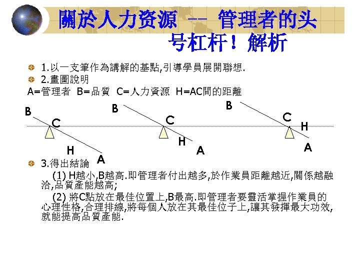 關於人力资源 -- 管理者的头 号杠杆！解析 1. 以一支筆作為講解的基點, 引導學員展開聯想. 2. 畫圖說明 A=管理者 B=品質 C=人力資源 H=AC間的距離 B