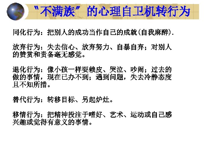 〝不满族〞的心理自卫机转行为 同化行为：把别人的成功当作自己的成就(自我麻醉). 放弃行为：失去信心、放弃努力、自暴自弃；对别人 的赞赏和责备毫无感觉。 退化行为：像小孩一样耍赖皮、哭泣、吵闹；过去的 做的事情，现在已办不到；遇到问题，失去冷静态度 且不知所措。 替代行为：转移目标、另起炉灶。 移情行为：把精神投注于嗜好、艺术、运动或自己感 兴趣或觉得有意义的事情。 