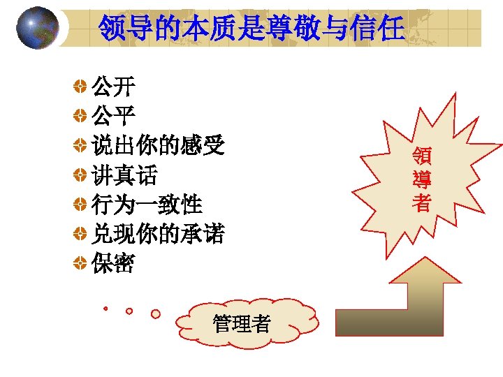 领导的本质是尊敬与信任 公开 公平 说出你的感受 讲真话 行为一致性 兑现你的承诺 保密 管理者 領 導 者 