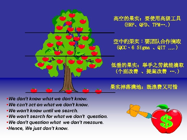 高空的果实：要使用高级 具 (ERP、QFD、TPM…. ) 空中的果实：要团队合作摘取 (QCC、6 Sigma 、QIT …. ) 低垂的果实：举手之劳就能摘取 (个别改善 、提案改善 ….