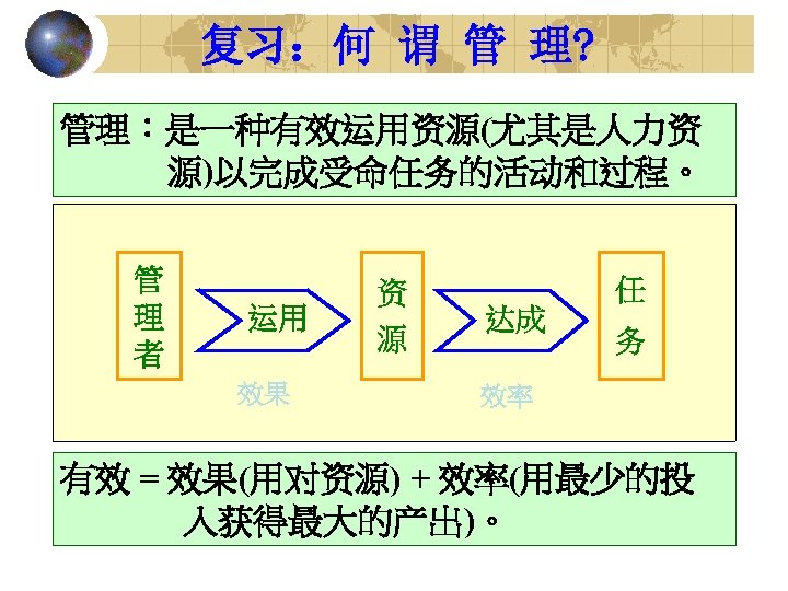 复习：何 谓 管 理? 管理：是一种有效运用资源(尤其是人力资 源)以完成受命任务的活动和过程。 管 理 者 运用 效果 资 源 达成