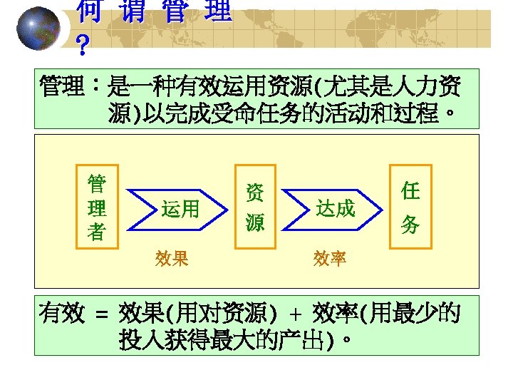 何 谓 管 理 ? 管理：是一种有效运用资源(尤其是人力资 源)以完成受命任务的活动和过程。 管 理 者 运用 效果 资 源