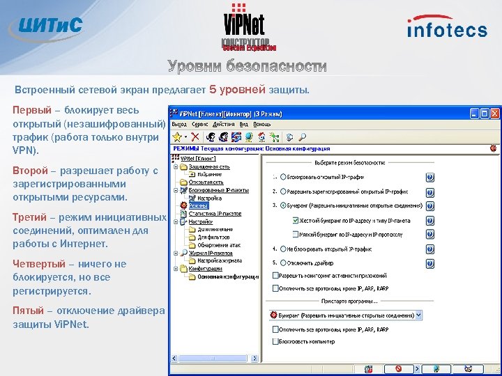 Встроенный сетевой экран предлагает 5 уровней защиты. Первый – блокирует весь открытый (незашифрованный) трафик