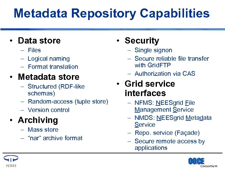 Metadata Repository Capabilities • Data store – Files – Logical naming – Format translation