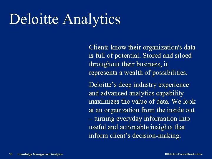 Deloitte Analytics Clients know their organization's data is full of potential. Stored and siloed