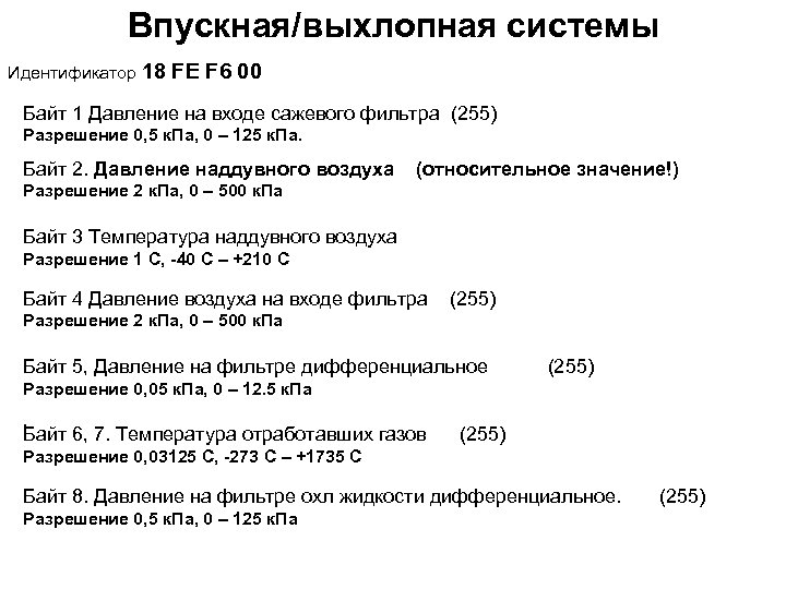 Впускная/выхлопная системы Идентификатор 18 FE F 6 00 Байт 1 Давление на входе сажевого