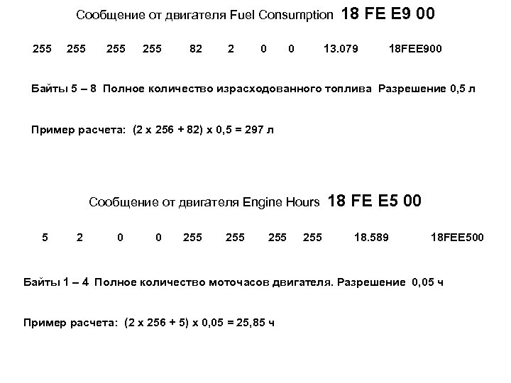 Cообщение от двигателя Fuel Consumption 255 255 82 2 0 0 18 FE E