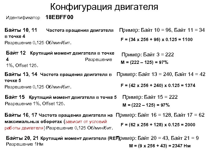 Конфигурация двигателя Идентификатор Байты 10, 11 18 ЕВFF 00 Частота вращения двигателя в точке