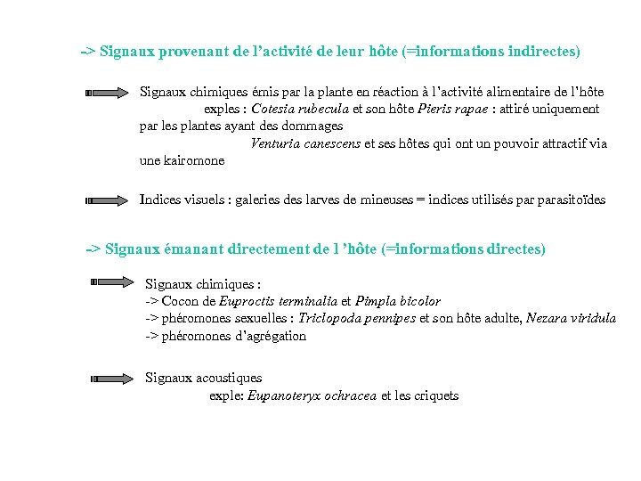 -> Signaux provenant de l’activité de leur hôte (=informations indirectes) Signaux chimiques émis par