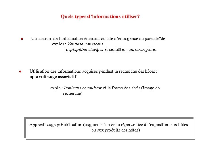 Quels types d’informations utiliser? Utilisation de l’information émanant du site d’émergence du parasitoïde exples