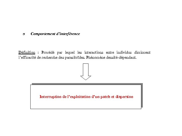 Comportement d’interférence Définition : Procédé par lequel les interactions entre individus diminuent l’efficacité de