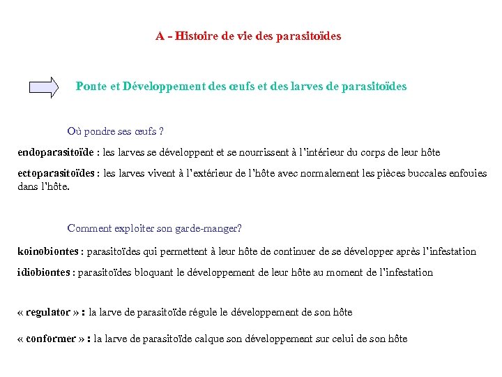 A - Histoire de vie des parasitoïdes Ponte et Développement des œufs et des