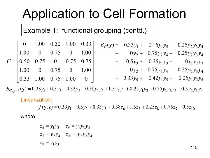Application to Cell Formation Example 1: functional grouping (contd. ) Linearization: where: 115 