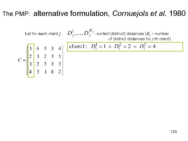 The PMP: alternative formulation, Cornuejols et al. 1980 Let for each client j -