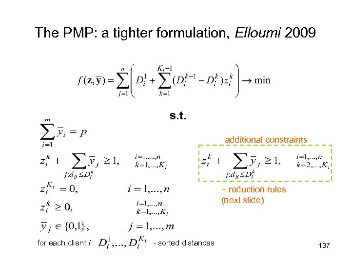 The PMP: a tighter formulation, Elloumi 2009 s. t. additional constraints + reduction rules