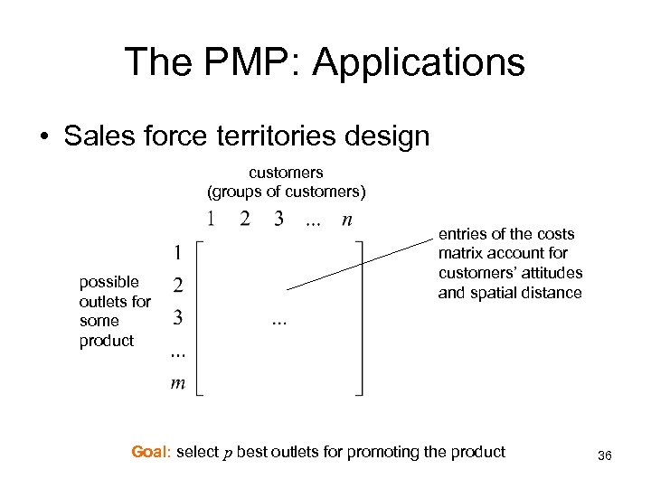 The PMP: Applications • Sales force territories design customers (groups of customers) possible outlets