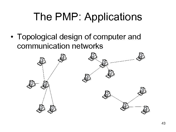 The PMP: Applications • Topological design of computer and communication networks 43 