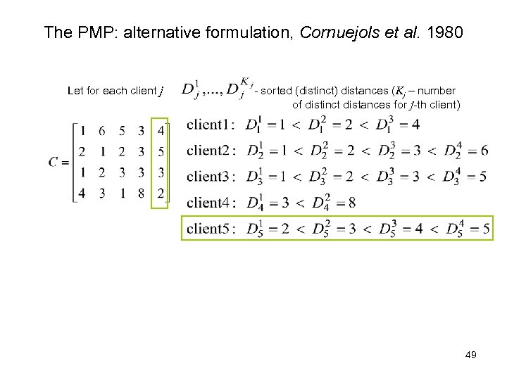 The PMP: alternative formulation, Cornuejols et al. 1980 Let for each client j -