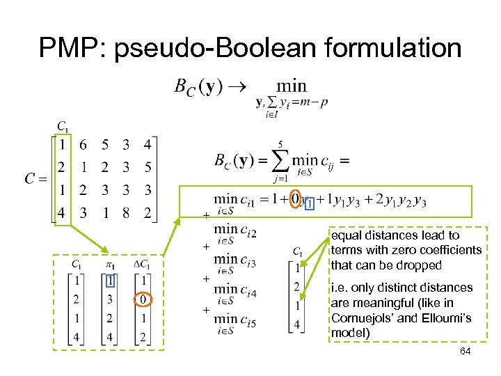 PMP: pseudo-Boolean formulation + + equal distances lead to terms with zero coefficients that