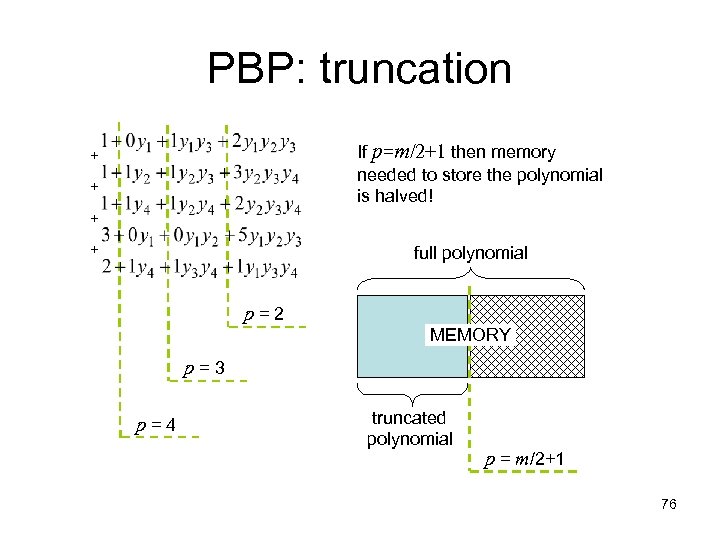 PBP: truncation + + If p=m/2+1 then memory needed to store the polynomial is