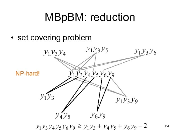 MBp. BM: reduction • set covering problem NP-hard! 84 