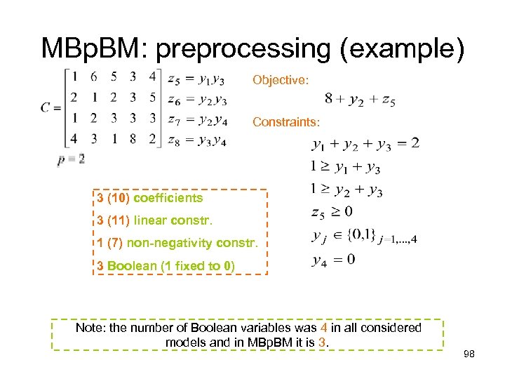 MBp. BM: preprocessing (example) Objective: Constraints: 3 (10) coefficients 3 (11) linear constr. 1