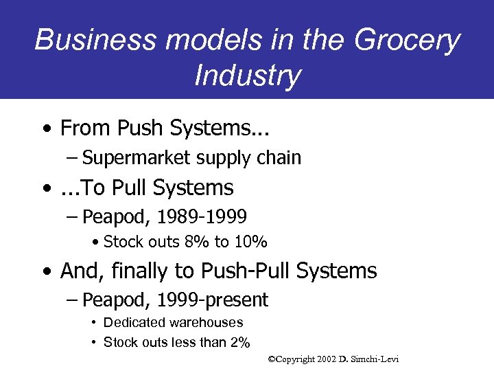 Business models in the Grocery Industry • From Push Systems. . . – Supermarket