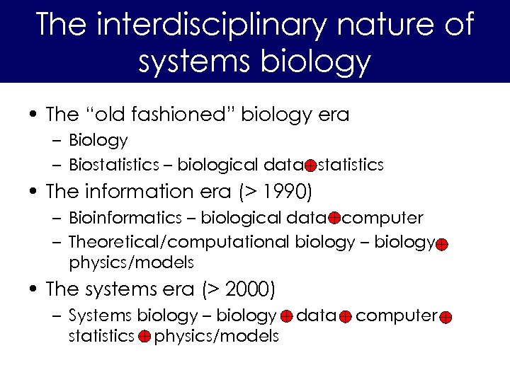 The interdisciplinary nature of systems biology • The “old fashioned” biology era – Biology