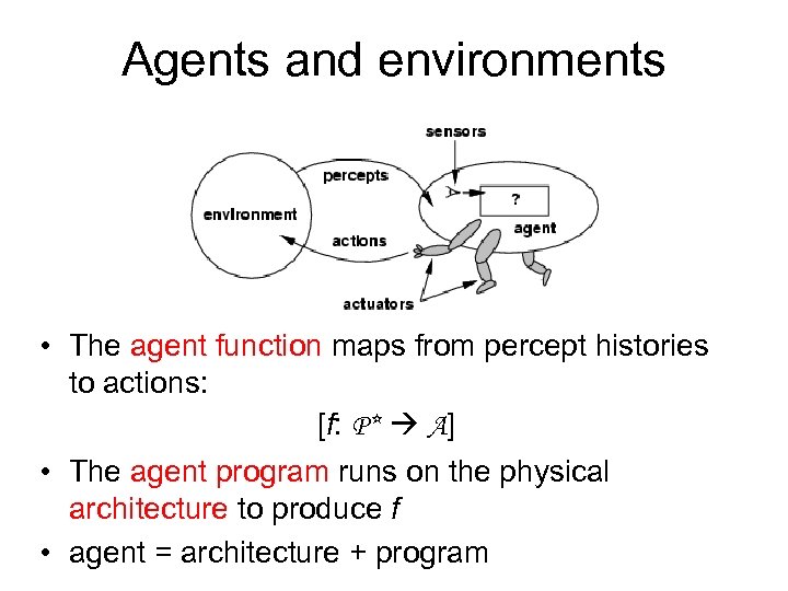 Agents and environments • The agent function maps from percept histories to actions: [f: