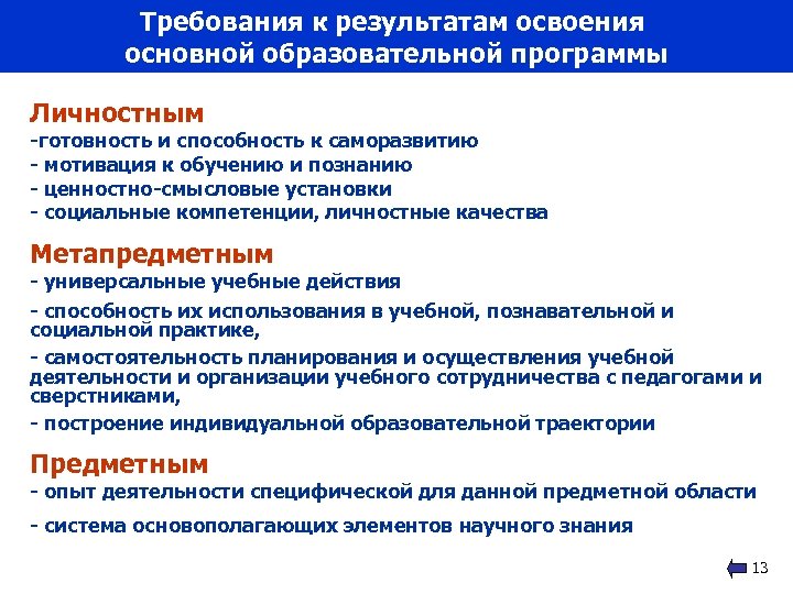 Требования к результатам освоения основной образовательной программы Личностным -готовность и способность к саморазвитию -