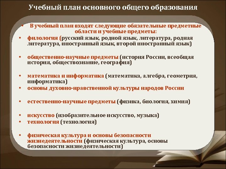 Учебный план основного общего образования • • В учебный план входят следующие обязательные предметные