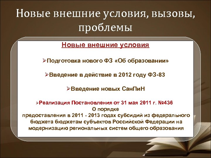 Новые внешние условия, вызовы, проблемы Новые внешние условия ввввв ØПодготовка нового ФЗ «Об образовании»