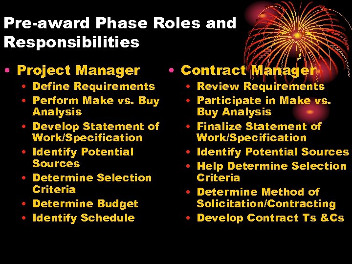 Pre-award Phase Roles and Responsibilities • Project Manager • Define Requirements • Perform Make