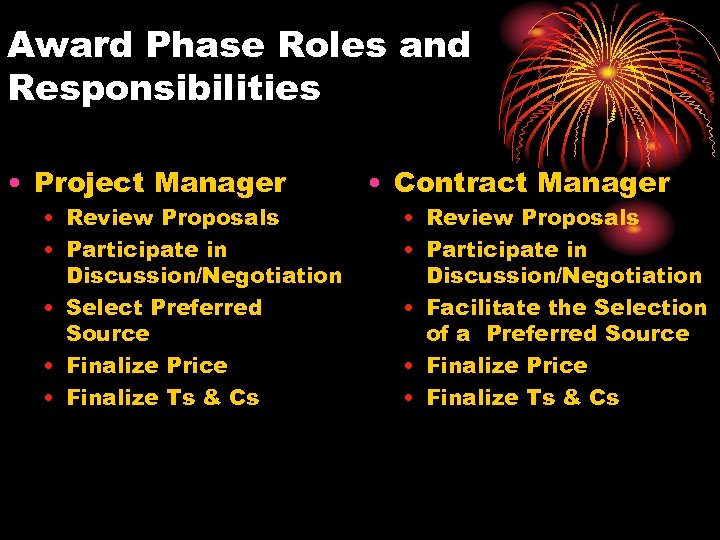 Award Phase Roles and Responsibilities • Project Manager • Review Proposals • Participate in