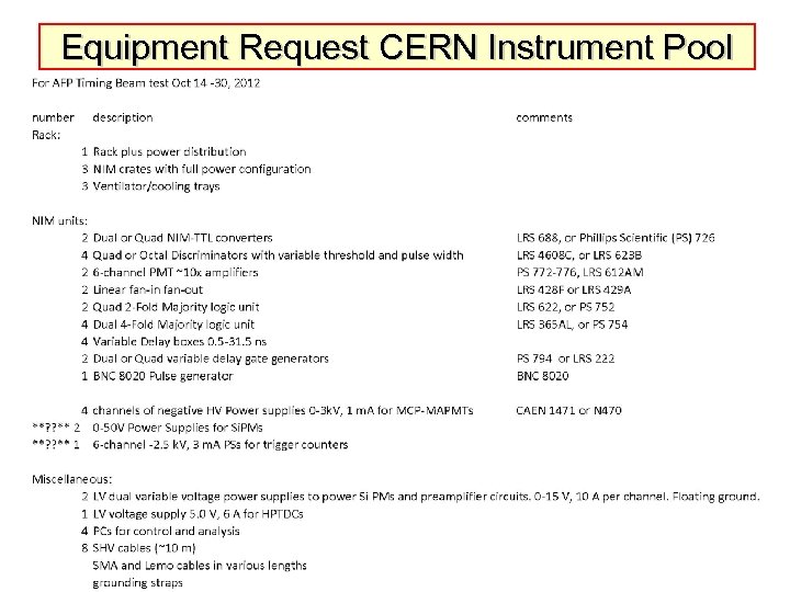 Equipment Request CERN Instrument Pool 