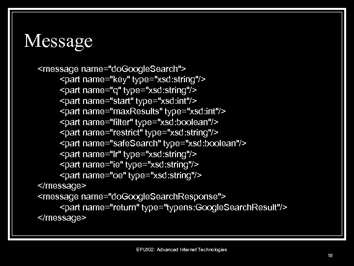 Message <message name="do. Google. Search"> <part name="key" type="xsd: string"/> <part name="q" type="xsd: string"/> <part