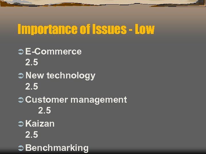 Importance of Issues - Low Ü E-Commerce 2. 5 Ü New technology 2. 5