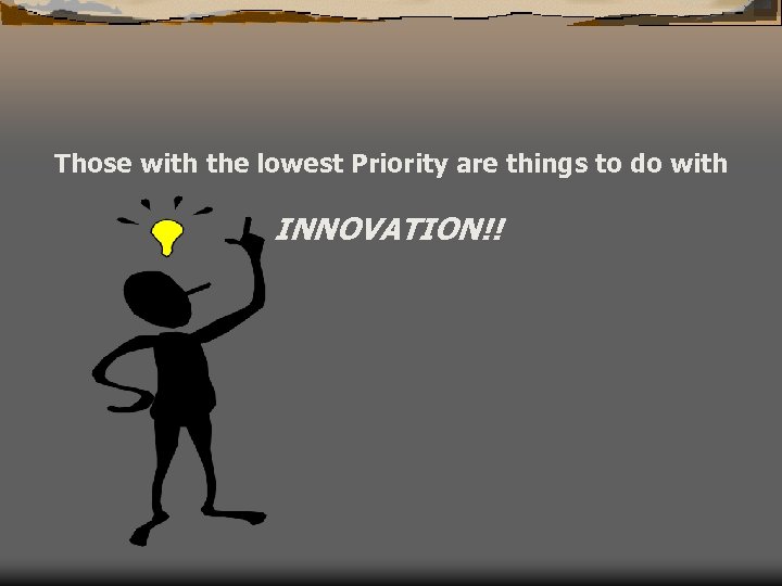 Those with the lowest Priority are things to do with INNOVATION!! 