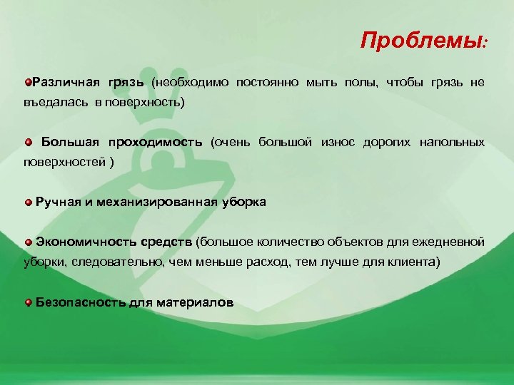 Проблемы: Различная грязь (необходимо постоянно мыть полы, чтобы грязь не въедалась в поверхность) Большая
