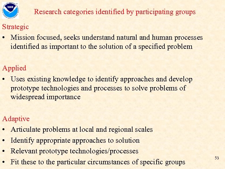 Research categories identified by participating groups Strategic • Mission focused, seeks understand natural and